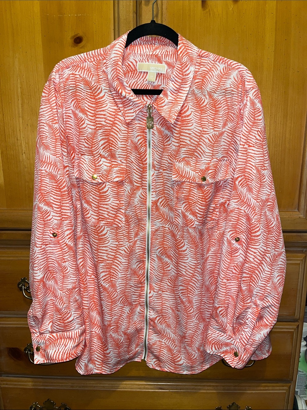 Michael Kors Spiced Coral Salmon Pink Orange Tropical Fern Zip Blouse Top 3X